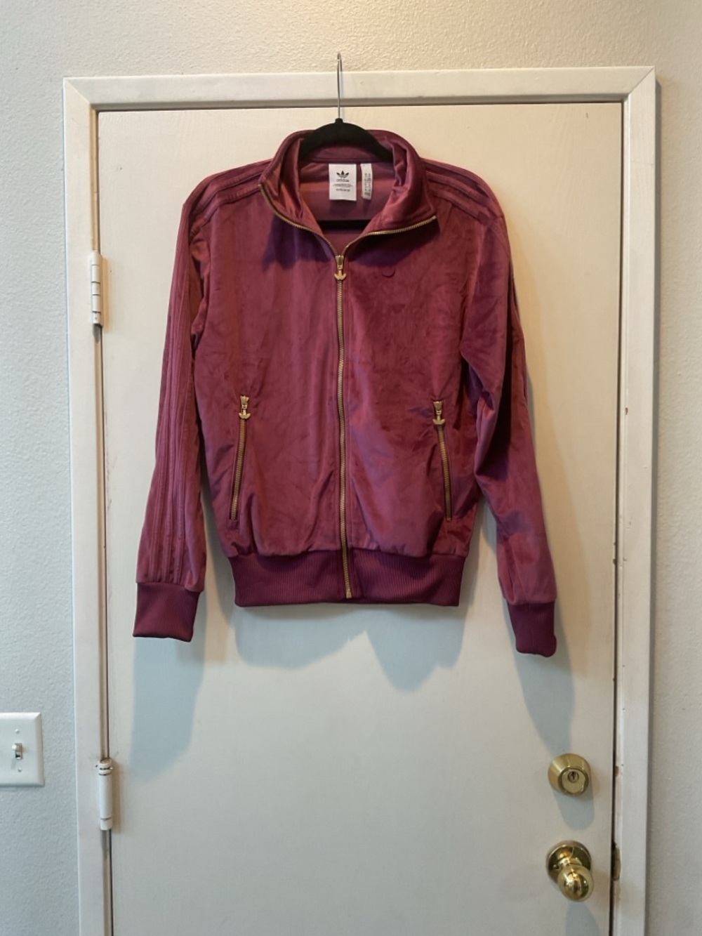 Adidas  Men’s  Burgundy Velour Bomber Jacket with Gold Zipper